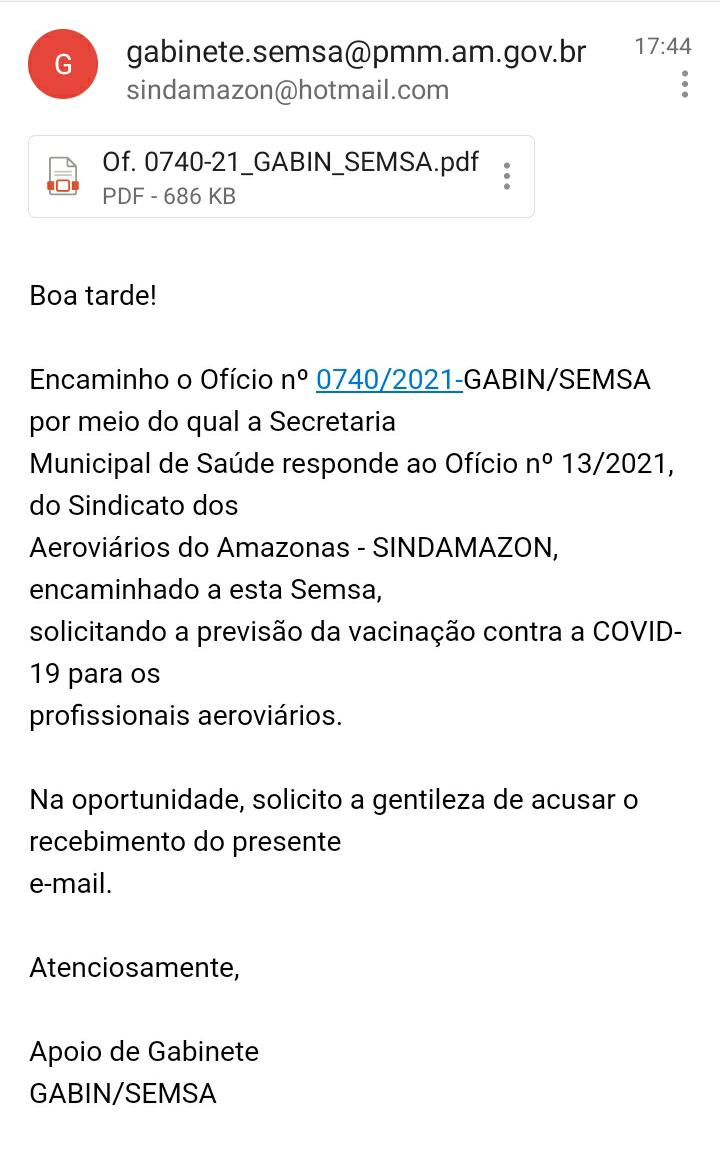 Ofício enviado na primeira quinzena de janeiro de 2021